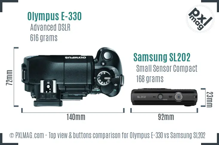 Olympus E-330 vs Samsung SL202 top view buttons comparison