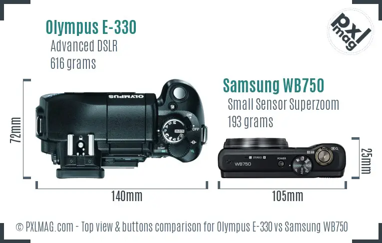 Olympus E-330 vs Samsung WB750 top view buttons comparison