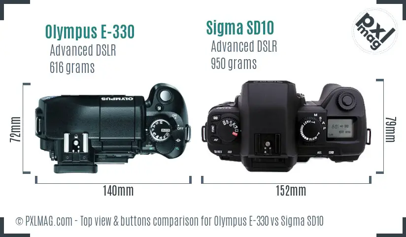 Olympus E-330 vs Sigma SD10 top view buttons comparison