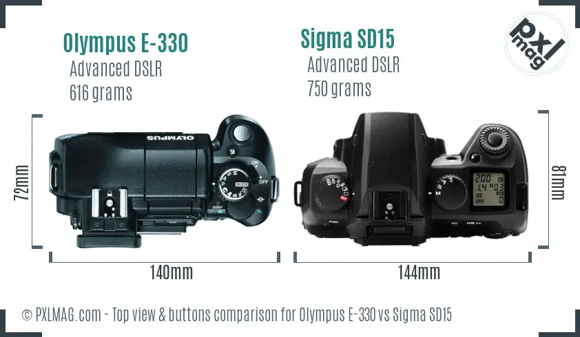 Olympus E-330 vs Sigma SD15 top view buttons comparison