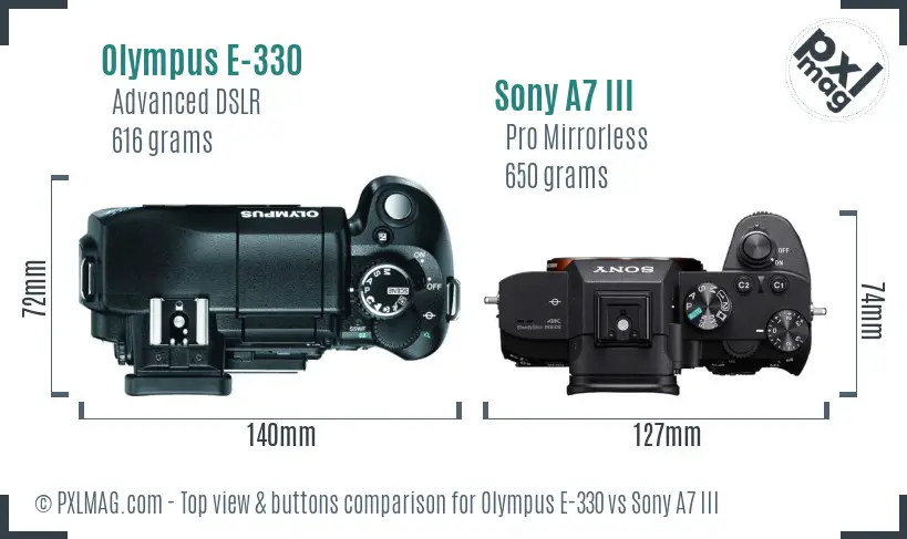 Olympus E-330 vs Sony A7 III top view buttons comparison