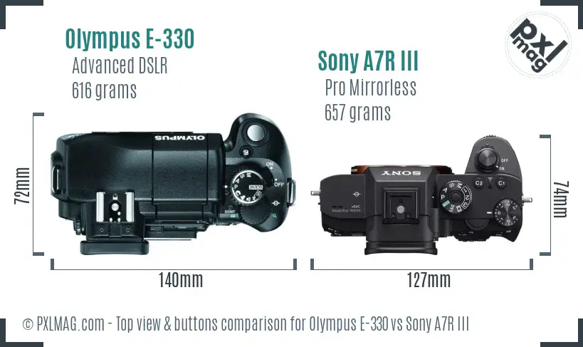 Olympus E-330 vs Sony A7R III top view buttons comparison