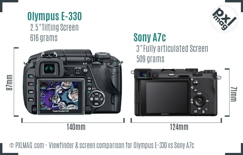 Olympus E-330 vs Sony A7c Screen and Viewfinder comparison