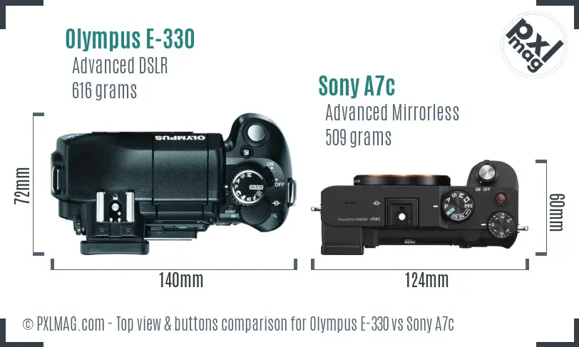 Olympus E-330 vs Sony A7c top view buttons comparison