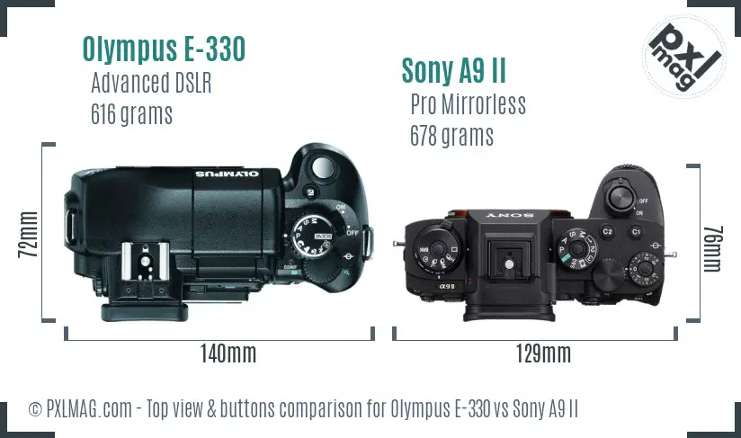 Olympus E-330 vs Sony A9 II top view buttons comparison