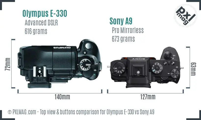 Olympus E-330 vs Sony A9 top view buttons comparison