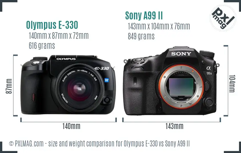 Olympus E-330 vs Sony A99 II size comparison