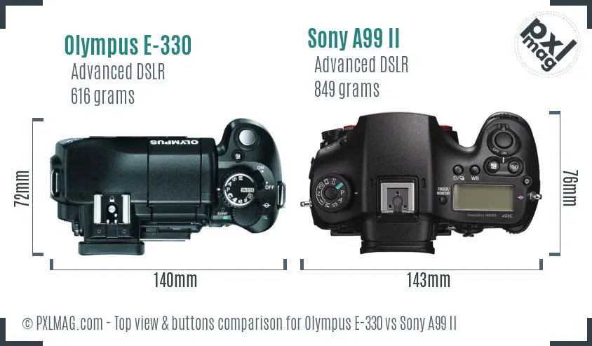 Olympus E-330 vs Sony A99 II top view buttons comparison