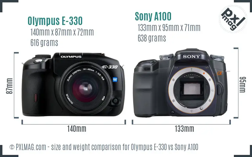 Olympus E-330 vs Sony A100 size comparison
