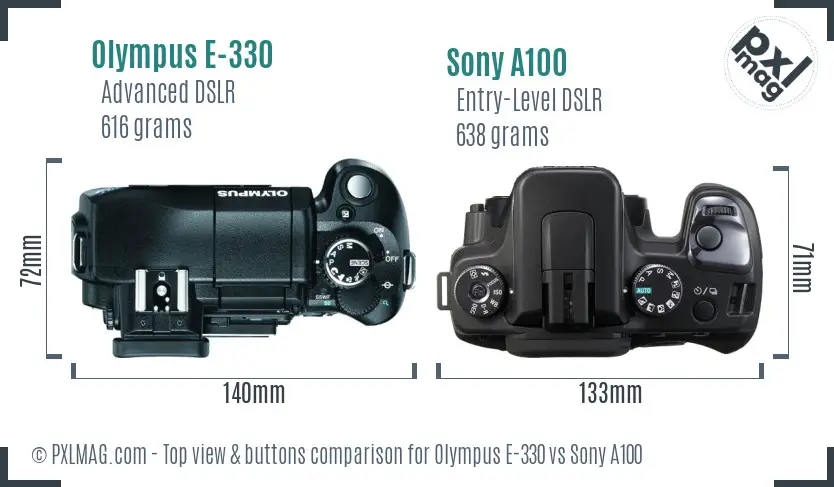 Olympus E-330 vs Sony A100 top view buttons comparison