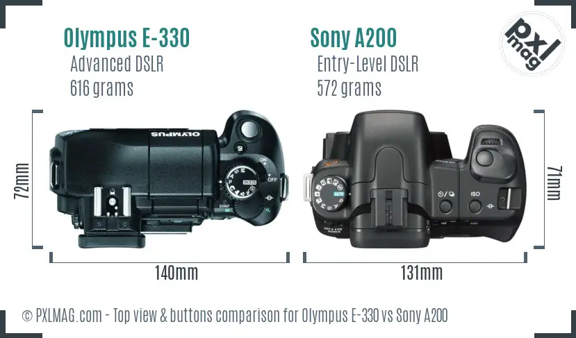 Olympus E-330 vs Sony A200 top view buttons comparison