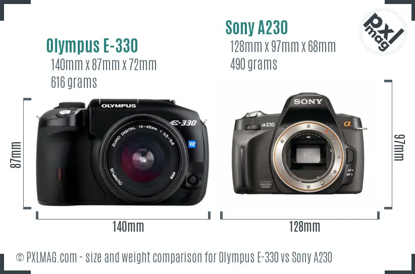 Olympus E-330 vs Sony A230 size comparison