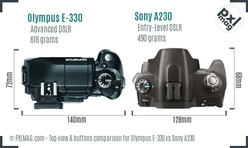 Olympus E-330 vs Sony A230 top view buttons comparison