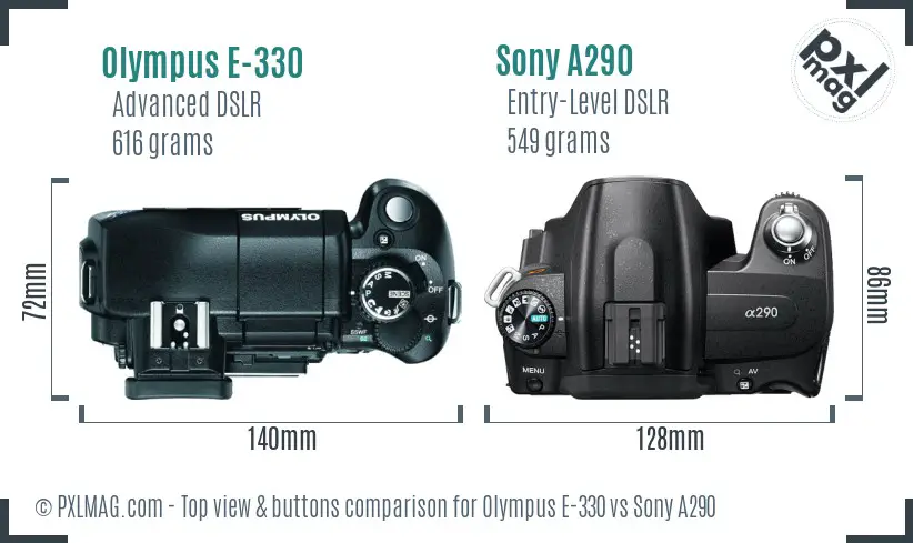 Olympus E-330 vs Sony A290 top view buttons comparison