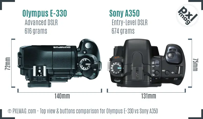 Olympus E-330 vs Sony A350 top view buttons comparison
