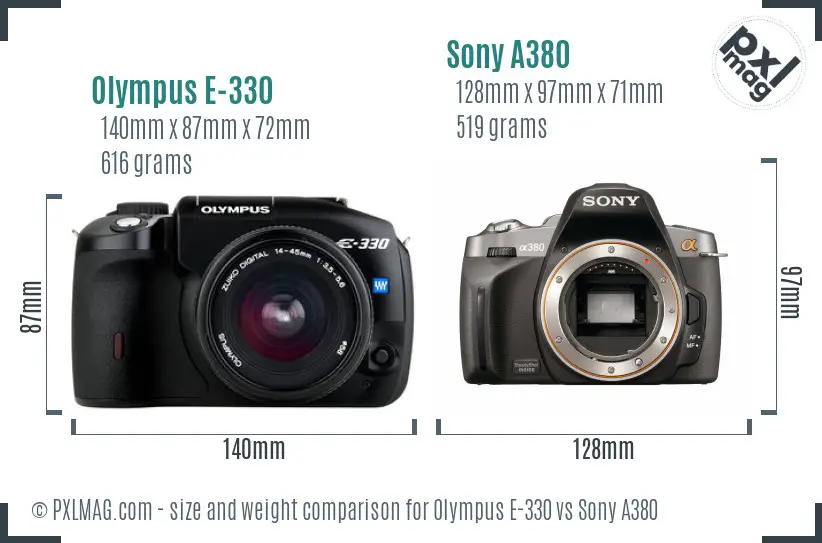 Olympus E-330 vs Sony A380 size comparison
