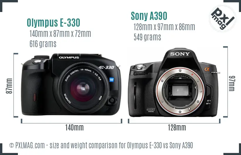 Olympus E-330 vs Sony A390 size comparison