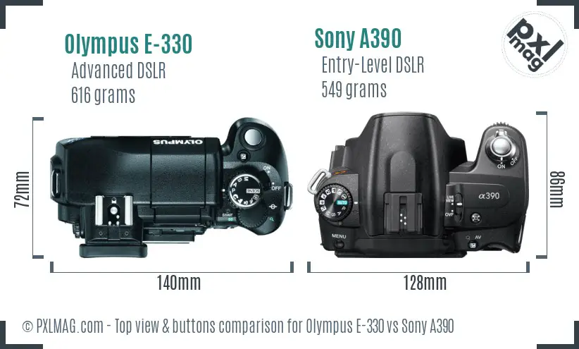 Olympus E-330 vs Sony A390 top view buttons comparison