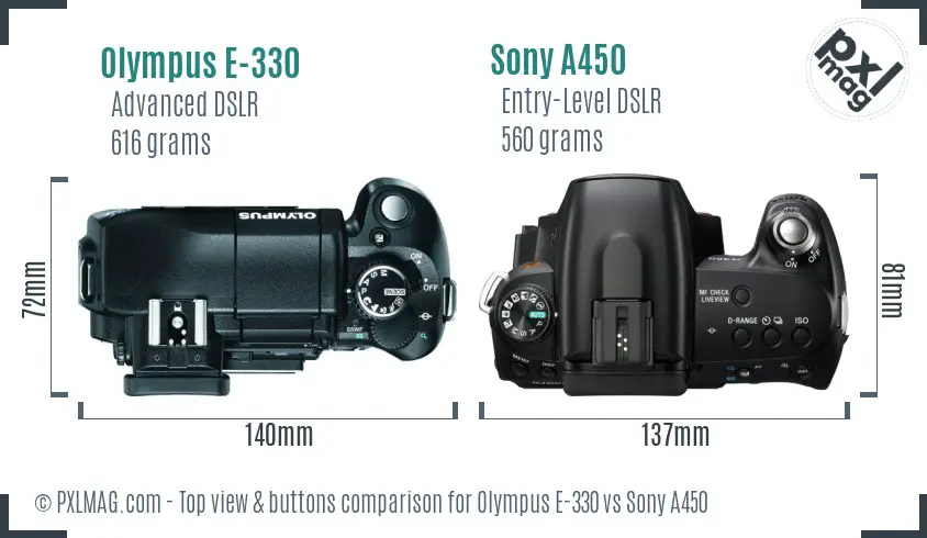 Olympus E-330 vs Sony A450 top view buttons comparison