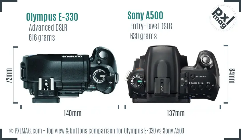 Olympus E-330 vs Sony A500 top view buttons comparison