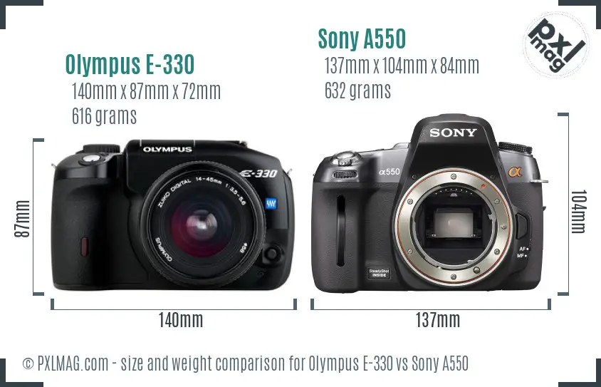 Olympus E-330 vs Sony A550 size comparison