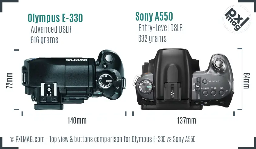 Olympus E-330 vs Sony A550 top view buttons comparison