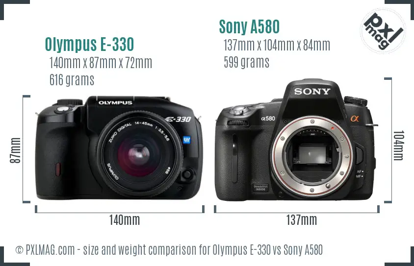 Olympus E-330 vs Sony A580 size comparison