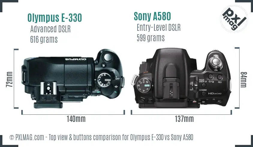 Olympus E-330 vs Sony A580 top view buttons comparison Olympus E-330 vs Sony A580 top view buttons comparison