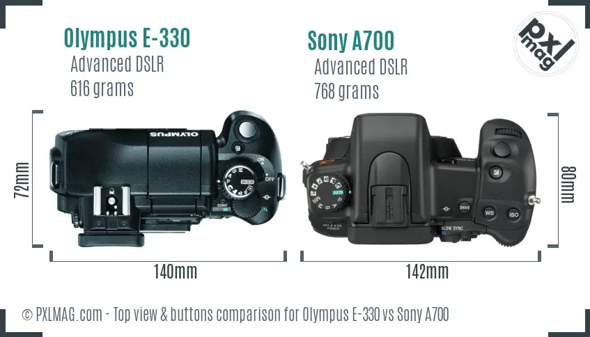Olympus E-330 vs Sony A700 top view buttons comparison