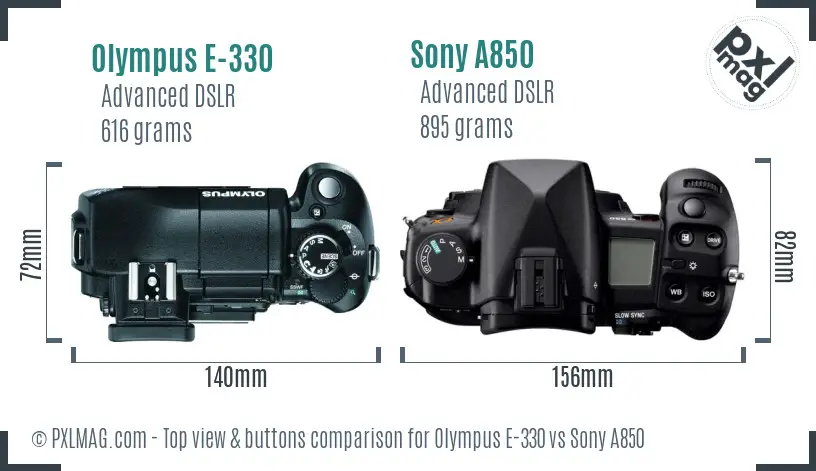 Olympus E-330 vs Sony A850 top view buttons comparison