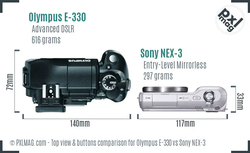 Olympus E-330 vs Sony NEX-3 top view buttons comparison