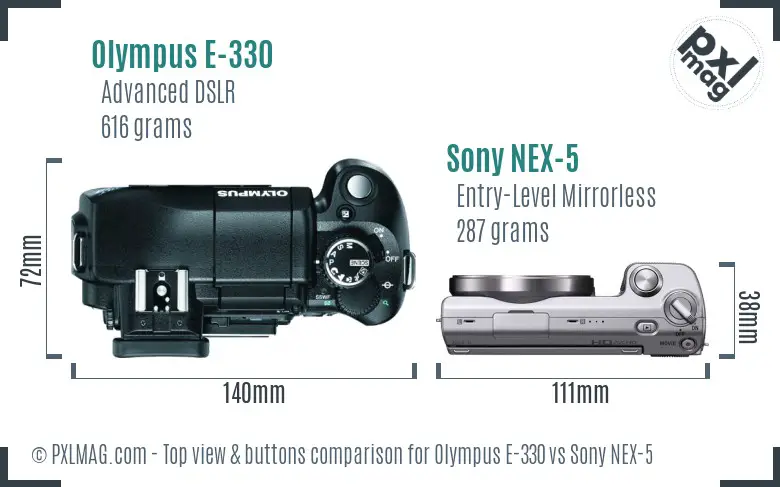 Olympus E-330 vs Sony NEX-5 top view buttons comparison