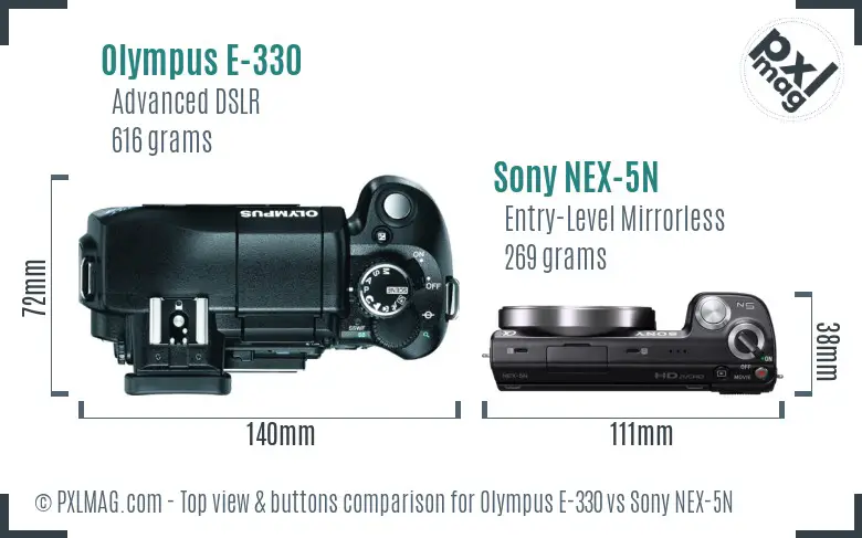 Olympus E-330 vs Sony NEX-5N top view buttons comparison