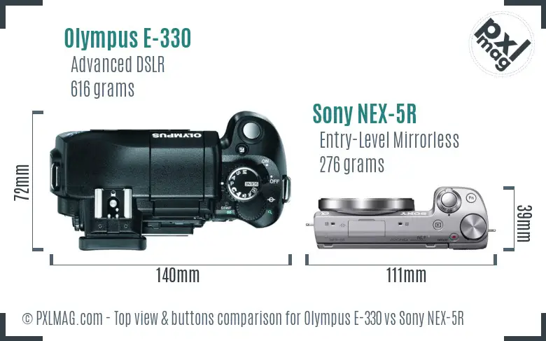 Olympus E-330 vs Sony NEX-5R top view buttons comparison