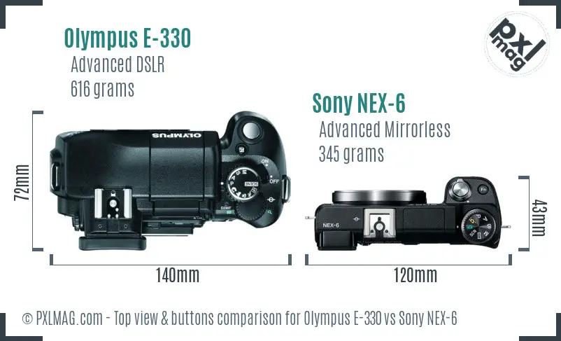 Olympus E-330 vs Sony NEX-6 top view buttons comparison