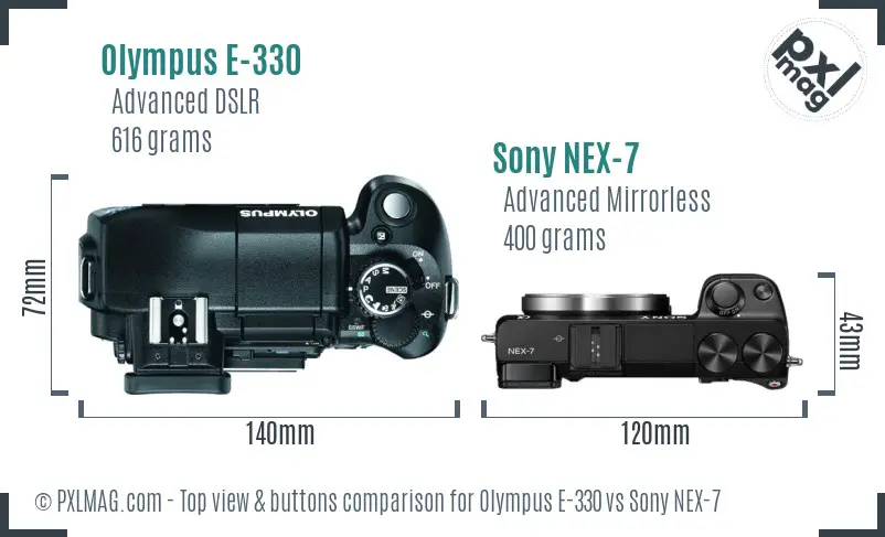 Olympus E-330 vs Sony NEX-7 top view buttons comparison