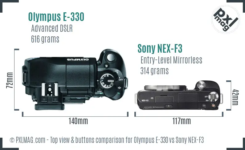 Olympus E-330 vs Sony NEX-F3 top view buttons comparison