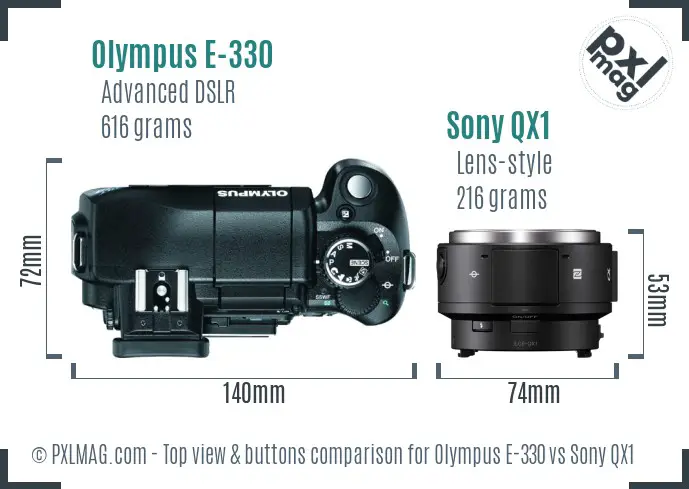 Olympus E-330 vs Sony QX1 top view buttons comparison