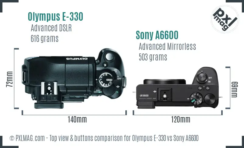 Olympus E-330 vs Sony A6600 top view buttons comparison