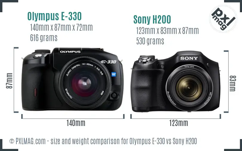 Olympus E-330 vs Sony H200 size comparison