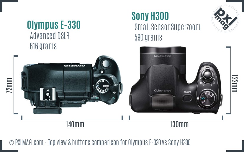 Olympus E-330 vs Sony H300 top view buttons comparison