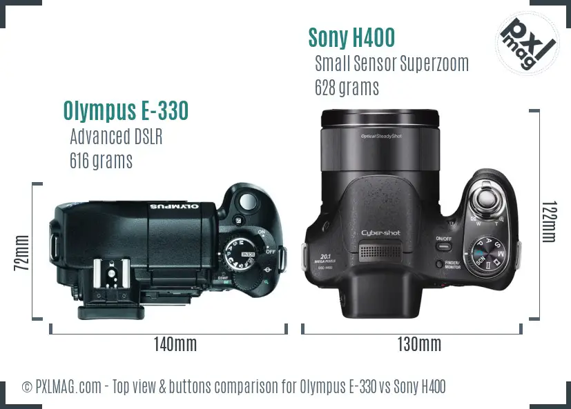 Olympus E-330 vs Sony H400 top view buttons comparison
