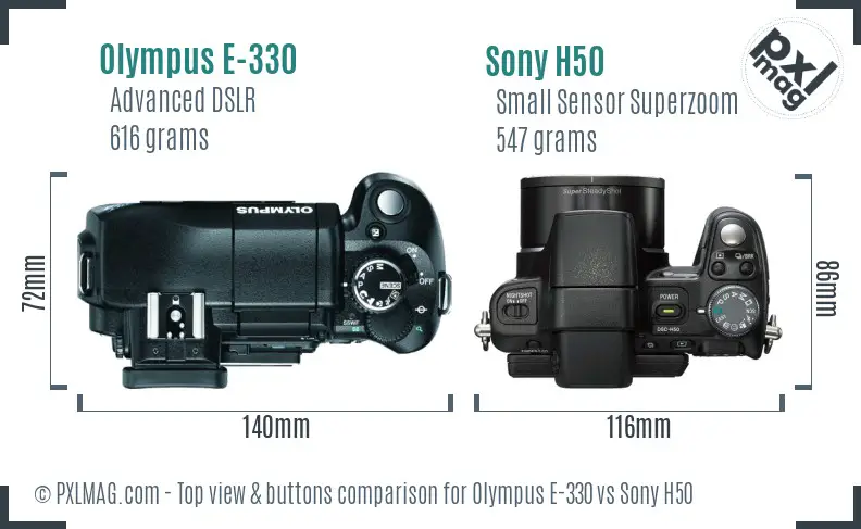 Olympus E-330 vs Sony H50 top view buttons comparison