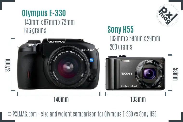 Olympus E-330 vs Sony H55 size comparison