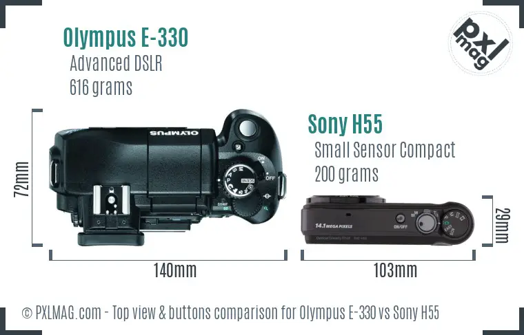 Olympus E-330 vs Sony H55 top view buttons comparison