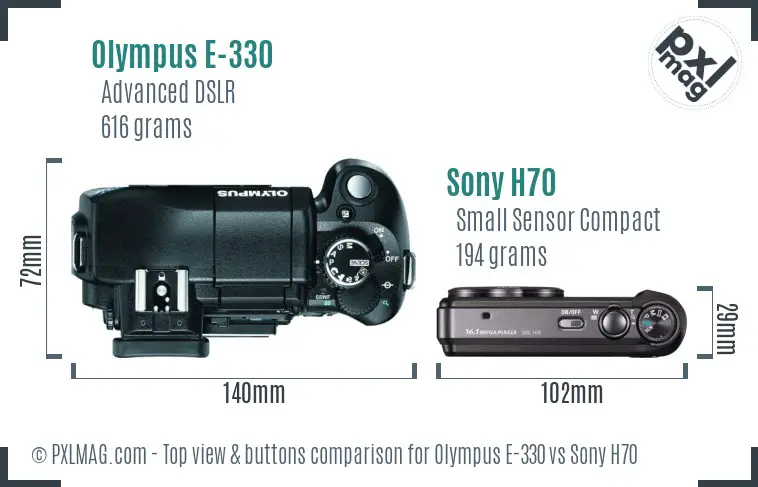 Olympus E-330 vs Sony H70 top view buttons comparison