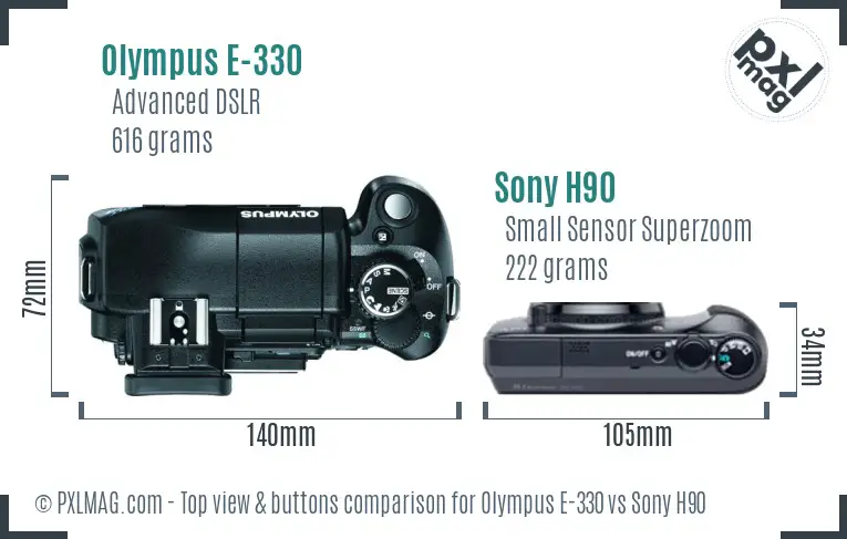 Olympus E-330 vs Sony H90 top view buttons comparison