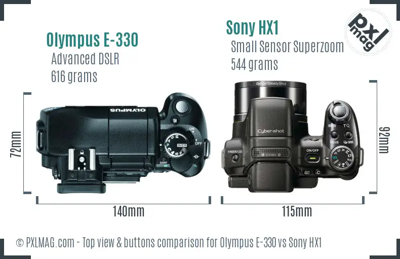 Olympus E-330 vs Sony HX1 top view buttons comparison