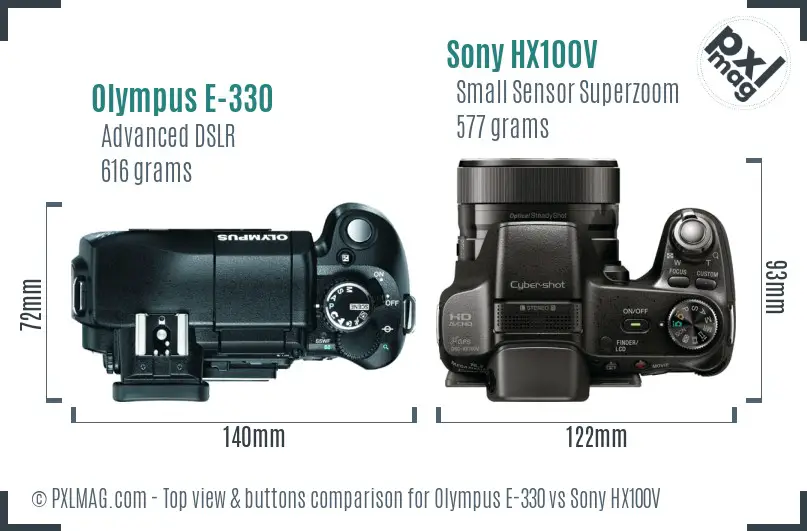 Olympus E-330 vs Sony HX100V top view buttons comparison