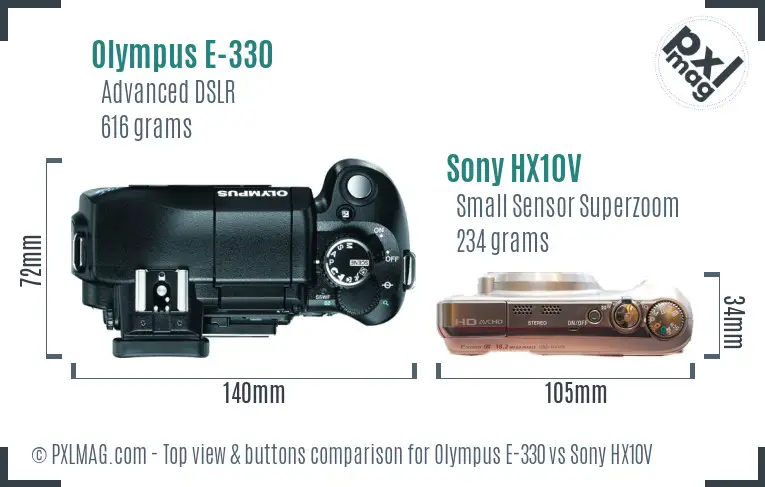 Olympus E-330 vs Sony HX10V top view buttons comparison